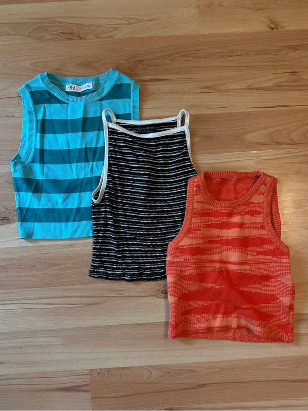 Turquoise Striped, Black & White Striped, and Orange Knit Crop Top Trio